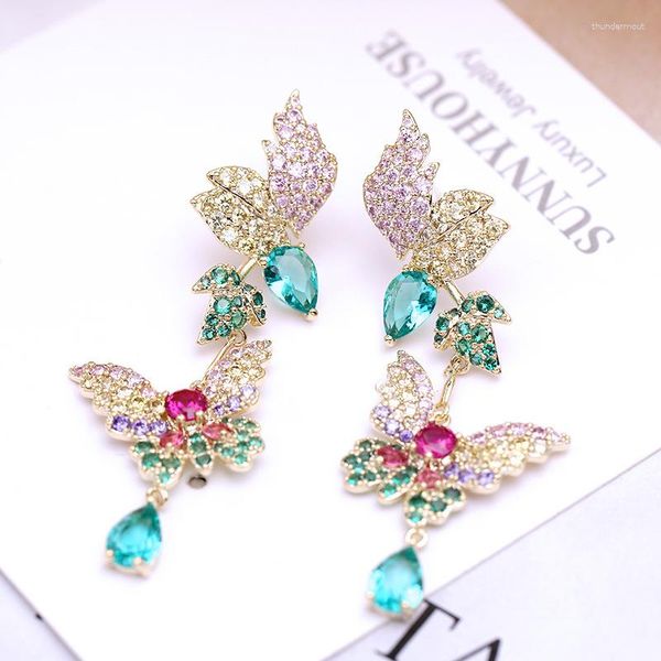Boucles d'oreilles pendantes en forme de papillon multicolore en cristal de zircone cubique longues vintage pour femmes filles bijoux cadeaux de fête de mariage accessoires