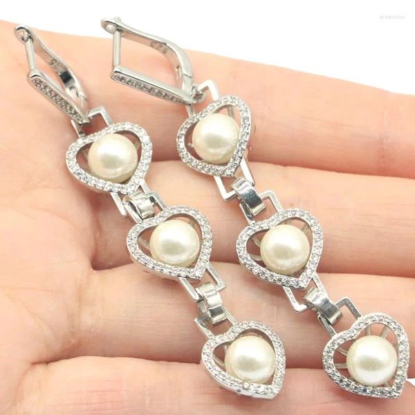 Boucles d'oreilles pendantes, achetez-en 3, obtenez-en 1 gratuit, 75x13mm, Design européen en forme de cœur, perle blanche CZ, fiançailles pour femme, argent