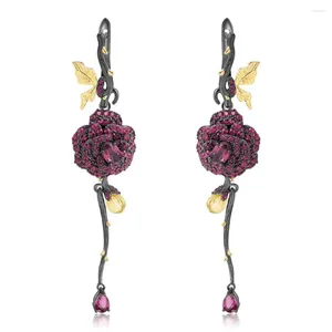 Boucles d'oreilles en peluche C7630 Abolique naturel Gemstone Sterling Silver Flower Drop Bringe Fonction Fashion Long Rose Jewelry