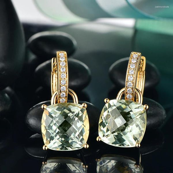 Boucles d'oreilles pendantes Caimao 10 mm coussin d'améthyste verte 9,75 ct SI G-H diamant or jaune 14 carats goutte détachable