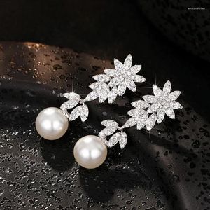 Boucles d'oreilles pendantes CAOSHI fleur brillante esthétique pour femmes pendentif en perle simulée bijoux de mariage accessoires de mariée délicats cadeau