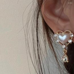 Boucles d'oreilles CAOSHI Délicat Coeur Simulé Perle Pendentif Femmes Romantique Mariée Cérémonie De Mariage Accessoires Brillant Zircone Bijoux