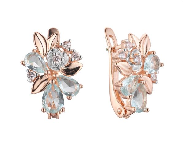 Boucles d'oreilles pendantes en métal sculpté, fleur bleu clair, Zircon naturel pour femmes, luxe, or Rose 585, 2 couleurs, fête inhabituelle