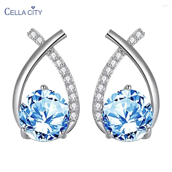 Boucles d'oreilles en peluche de cellule CELLACY Silver 925 bijoux rond Blue Zircon Rose Gold Color Stud pour femmes charme-stud-studs Femme Cadeau