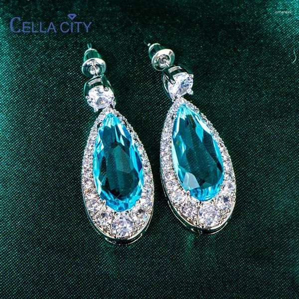 Pendientes colgantes de celda caída para mujeres joyas de moda con forma de agua azules de color azul marino 5a regalo de boda de circón de circón