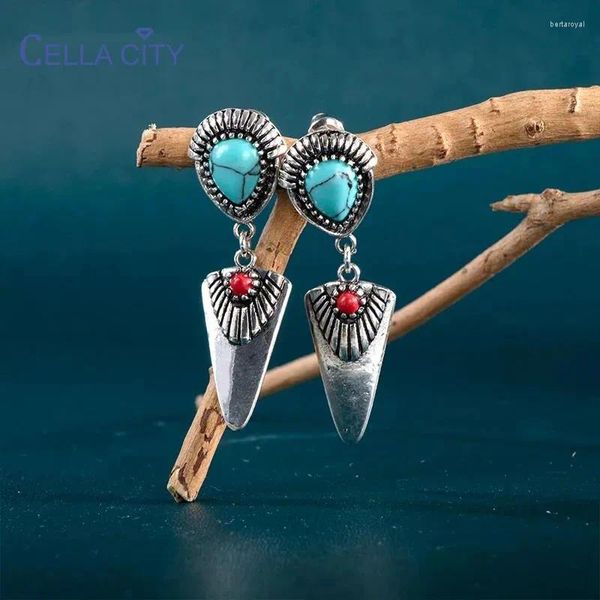 Boucles d'oreilles pendantes Cellacity Style ethnique pour femmes charme argent 925 bijoux fête boucles d'oreilles ovale bleu Turquoise pierres précieuses synthétiques cadeau