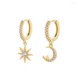 Boucles d'oreilles pendantes lustre 2022, jolie étoile lune pour femmes, boucles d'oreilles asymétriques en cristal CZ, bijoux géométriques classiques coréens, cadeau