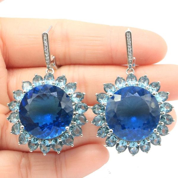 Pendientes colgantes Candelabro 47x31mm Gran diseño europeo 14.3g Violeta Tanzanita Granate Rodolita Topacio azul Kunzita Aguamarina Plata