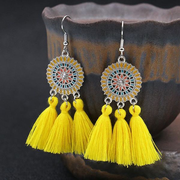 Pendientes colgantes Araña Bohemia Borla Vintage Gota larga para mujer Amarillo Rojo Algodón Tela de seda Fringe 2023 Moda Mujer Joyería