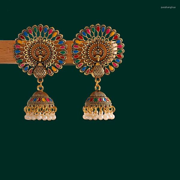 Pendientes colgantes candelabro étnico grande redondo pavo real antiguo Jhumka mujeres Vintage bohemio Retro perla borla campana tibetana 2022