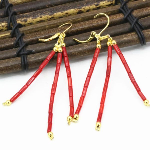 Boucles d'oreilles pendantes lustre exquis cadeau de fête perles de tube de corail rouge naturel 2 7mm femmes faites à la main de haute qualité bijoux de goutte d'oreille B3243Dangle