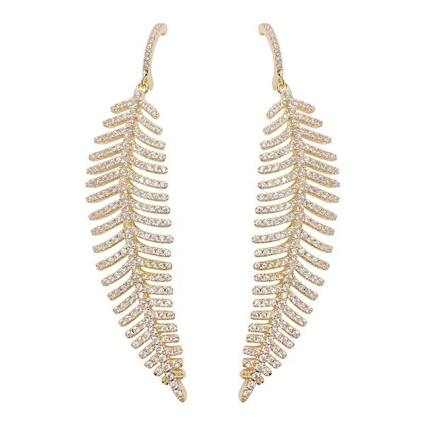 Boucles d'oreilles pendantes lustre feuille d'or luxe Super Flash Zircon robe accessoires femme Long gland Net plumes rouges