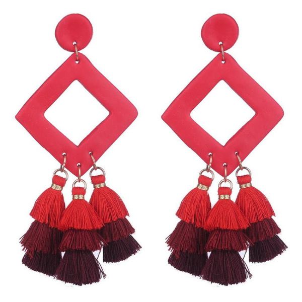 Pendientes colgantes Manual de araña Geométrica Polimador de arcilla Rombo Triple Tassel para mujeres Rojo Black Color Bohe Jewelry Wholesal