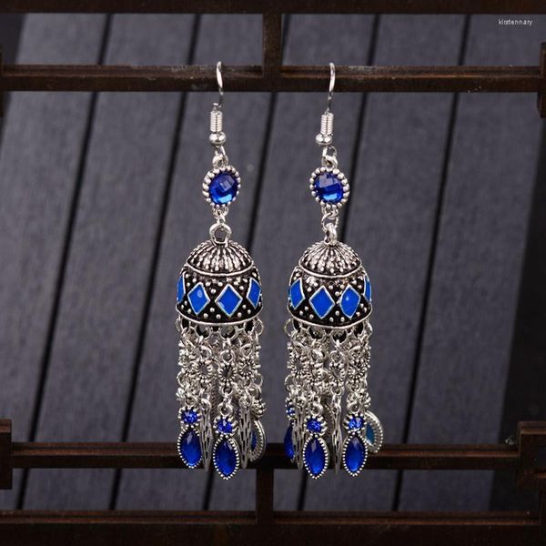 Pendientes colgantes de araña, cuentas azules étnicas Vintage, elegantes para mujer, Color plateado, jaula de pájaros, borla, joyería tibetana, pendientes para mujer, colgante