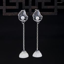 Bengelen oorbellen kroonluchter vrouwen lotus zaadpod blad parel jade sieraden Chinese stijl 925 sterling zilver lang hangende groothandel