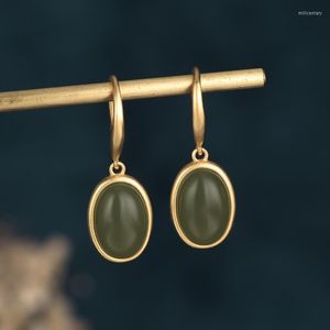 Boucles d'oreilles pendantes breloque Style chinois oreille bijoux cuivre plaqué or Imitation Hetian Jade jaspe Simple pour filles femmes cadeaux