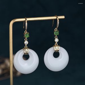 Boucles d'oreilles pendantes à breloques chinoises, bijoux d'oreille, bague blanche, pendentif en Jade, or, cuivre incrusté de Zircon cristal léger, luxe pour femmes