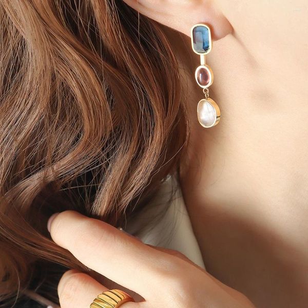 Boucles d'oreilles pendantes en cristal pour femmes, pendentif en pierre colorée, goutte irrégulière géométrique, bijoux d'oreille en acier inoxydable