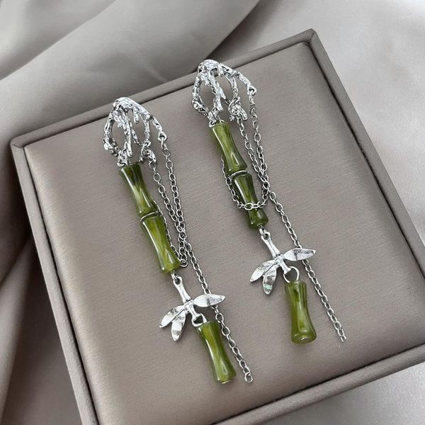 Boucles d'oreilles pendantes en résine verte pour femmes, pompon de couleur argent et bambou, pour mariage, luxe, plante longue