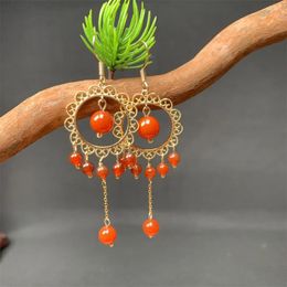 Dange oorbellen Charm Red Agate Jade Tassel Design Earring Chinese oude stijl Gem Hook voor vrouwen retro sieraden geschenk