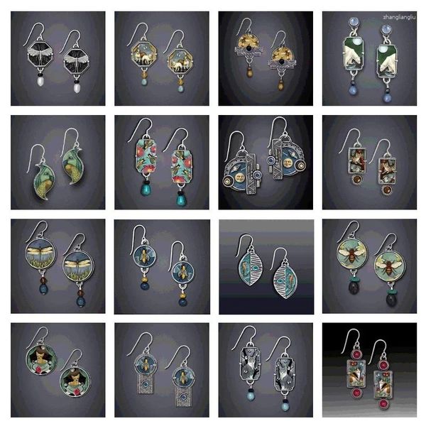 Boucles d'oreilles pendantes pour femmes, breloques rondes, motifs de peinture, fleur de chien, couleur argent, bijoux incrustés de métal, tendance, cadeau féminin