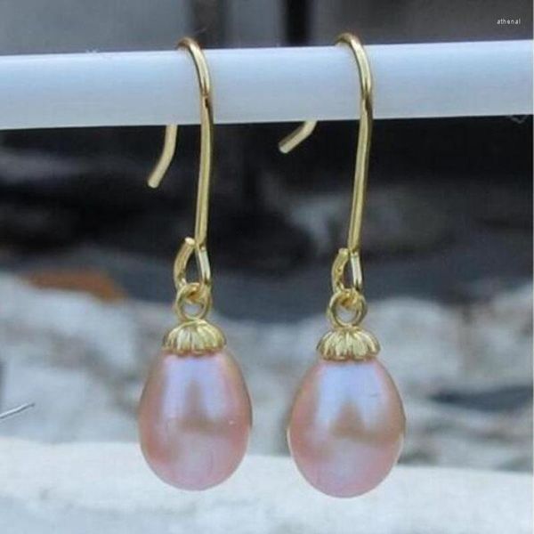 Pendientes colgantes Encantadores pendientes de perlas de goteo moradas del Mar del Sur de 7x9 mm, gancho amarillo de 14 k/20