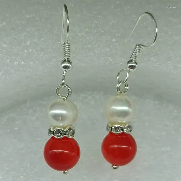 Pendientes colgantes con encanto, cuentas redondas de jade rojo de 8 mm, perlas cultivadas de agua dulce blancas de 7 a 8 mm, joyería glamurosa para mujer