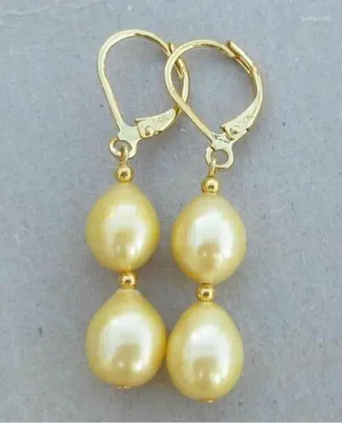 Pendientes de colgación encantadora Natural 8-10 mm Golden South Sea Pearl Pearring 14k Gold