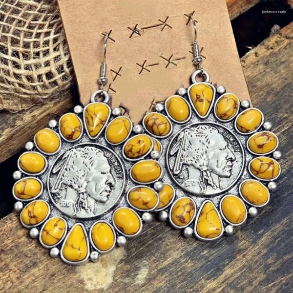 Boucles d'oreilles en pente charmantes de tournesol étalon féminin jaune pierre rond drop crochet de bijoux d'été de mariage