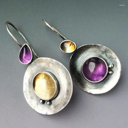Boucles d'oreilles pendantes géométrie chic pour femmes Vintage ethnique incrusté à la main rond violet et jaune cristal avec asymétrie pierre boucle d'oreille bijoux
