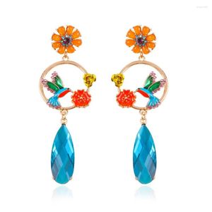 Boucles d'oreilles pendantes, éléments chinois, anneau de conception spéciale, jeu d'oiseau avec fleur