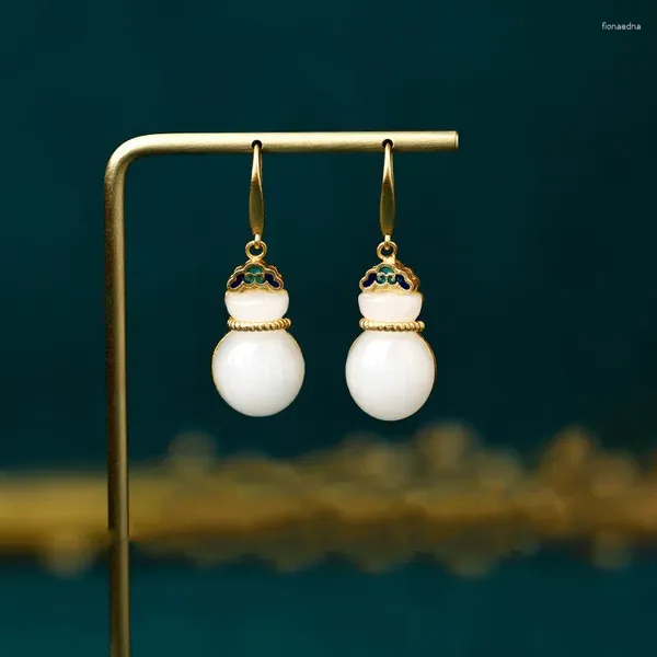 Pendientes colgantes Diseño de estilo chino Esmalte Nube auspiciosa Calabaza Bolsa de dinero Colgante con incrustaciones de jade hetiano blanco Vintage