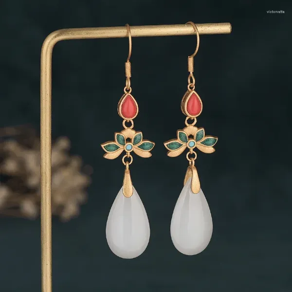 Boucles d'oreilles pendantes Style chinois, bijoux d'oreille de haute qualité en forme de goutte blanche, fleur de Lotus en Jade, pompon en émail classique pour femmes