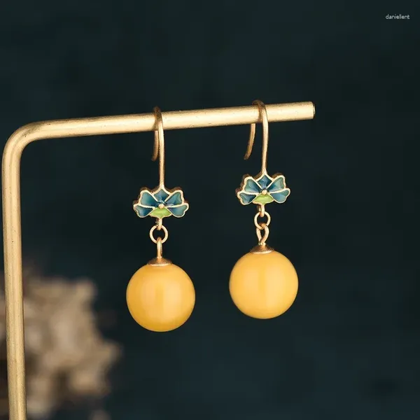 Pendientes colgantes Estilo de China joyería de oreja para mujer conjunto de lazo chapado en oro antiguo con bola amarilla gota de Jade regalo de cumpleaños femenino 40MM