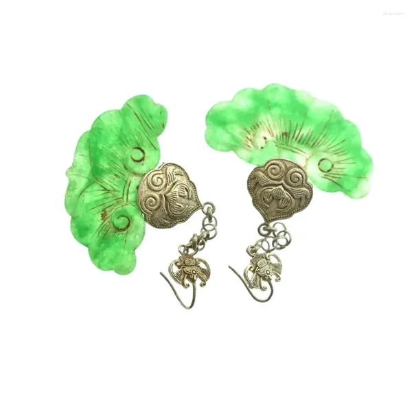 Boucles d'oreilles pendantes, bijoux en Jade incrustés d'argent tibétain Antique chinois