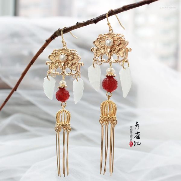 Boucles d'oreilles pendantes cour chinoise perle pierre naturelle gland fait à la main robe Hanfu Cheongsam décoration QQJ