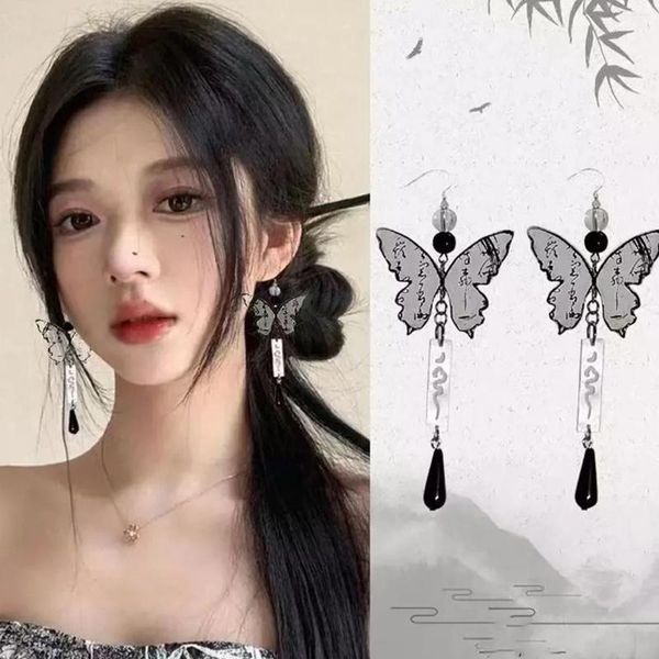 Boucles d'oreilles pendantes pour femmes, mode chinoise, peinture à l'encre, papillon, Style ancien, Long pompon délicat, boucle d'oreille à l'eau, cadeau de fête
