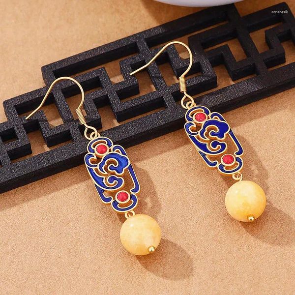 Boucles d'oreilles pendantes style chinois 925 argent cloisonné nuages de bon augure perles d'ambre crochet pour femmes accessoires classiques cadeau chinoiserie