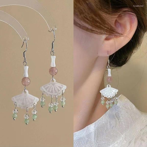 Boucles d'oreilles pendantes en acrylique, Style chinois, feuille d'éventail pour femmes, longues perles de plage, pompon en émail fait à la main, Pendientes de mariage