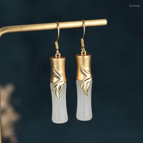 Pendientes colgantes de estilo chino, joyería para la oreja, sección chapada en oro de cobre, traje de Jade de bambú alto, accesorios Hanfu, gota para mujer