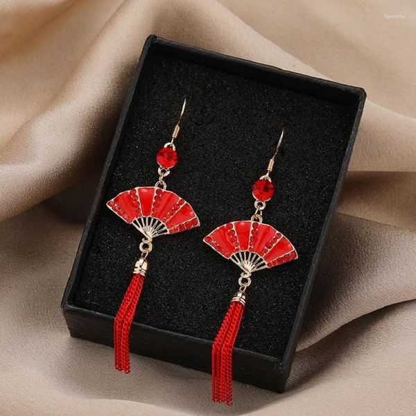 Boucles d'oreilles pendantes Style chinois, rouge porte-bonheur pour femmes, éventail pliant, pompon en métal, pendentif, breloque, bijoux cadeaux de fête