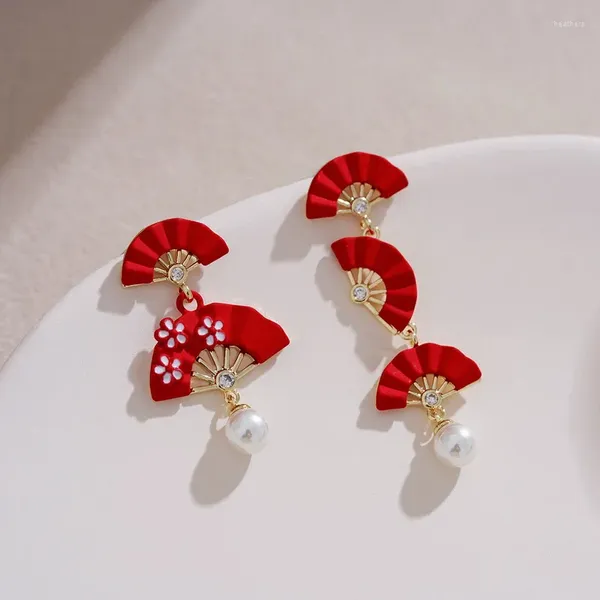 Boucles d'oreilles pendantes Style chinois, éventail rouge porte-bonheur pour femmes, perle pliante, pompon asymétrique, bijoux pour filles, année de noël
