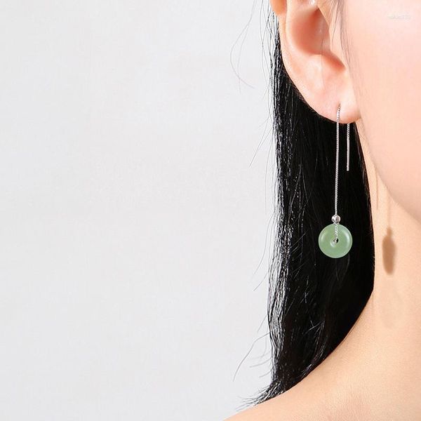 Boucles d'oreilles pendantes Style chinois, Imitation Jade, pompon, rétro, tendance, Simple, longue ligne en métal, bijoux pour femmes, 2023