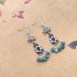 Boucles d'oreilles en peluche chinois vintage 925 Pure Silver Ear Hook Natural Jadeite Abacus Bead Lotus Rose Tassel pour les femmes présentes bijoux