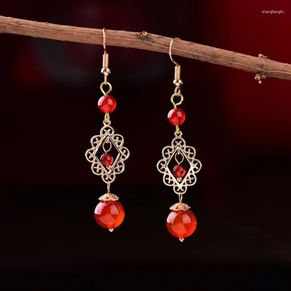 Boucles d'oreilles pendantes chinoises en Agates rouges, pendentif Vintage élégant, couleur conservant la couleur en cuivre, accessoires de bijoux de mariée de mariage