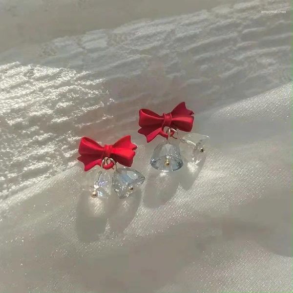 Boucles d'oreilles pendantes de Noël pour fille, joli clou en forme de cloche avec nœud rouge, de haute qualité, sans perçage, Clip d'oreille