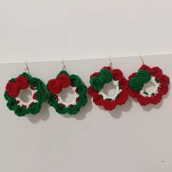 Boucles d'oreilles pendantes de noël rouge vert pour femmes, fil tricoté à la main, Crochet, bijoux de fête de vacances pour filles, cadeau
