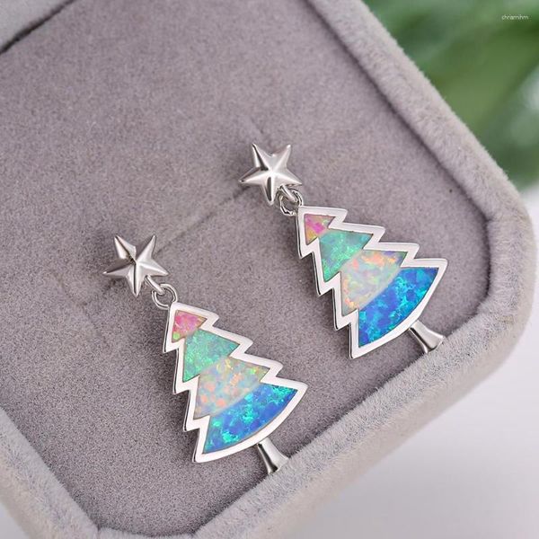 Pendientes colgantes con forma de árbol de Navidad para mujer y hombre, Color plata, oro rosa, ópalo de fuego azul blanco, joyería con tachuelas de estrella bonitas para boda