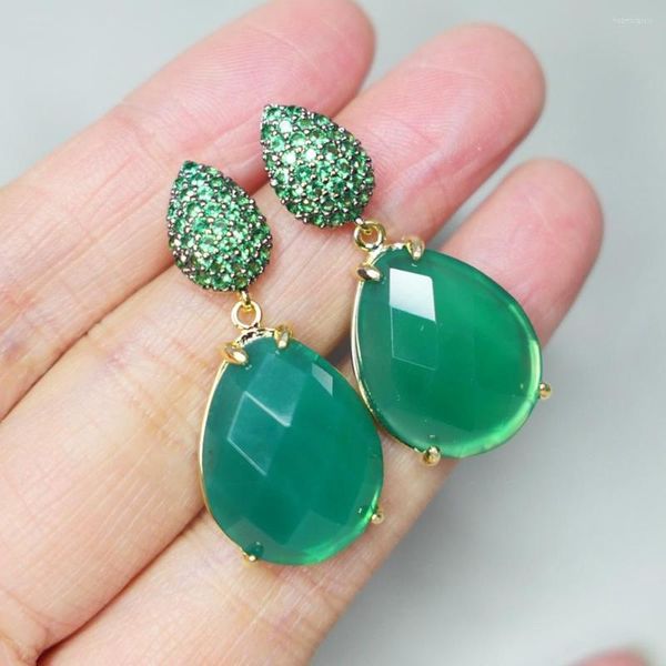 Boucles d'oreilles pendantes Chrysoprase Vert Agate Pierre Naturelle 35mm Longue Larme Goutte 925 Aiguille En Argent Avec Plaqué Or Fine Jewelry Pour Les Femmes