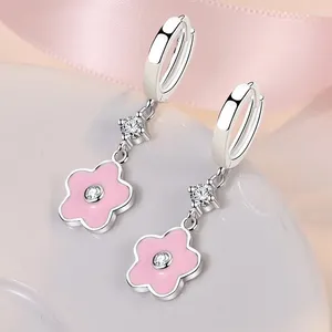 Boucles d'oreilles pendantes classiques en argent 925, aiguille rose fleur de cerisier en Zircon, goutte de tempérament doux pour femmes